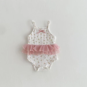 2026 Summer Infant Girl Bow Suspender Harness Romper Printed Lace Casual Style Button Closure 100% Cotton ODM Supply
