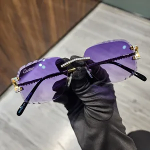 Customized Hip Hop New Arrival Anti-Reflective Glass Transparent Purple Moissanite Studded Rimless Stainless Frame Sunglasses