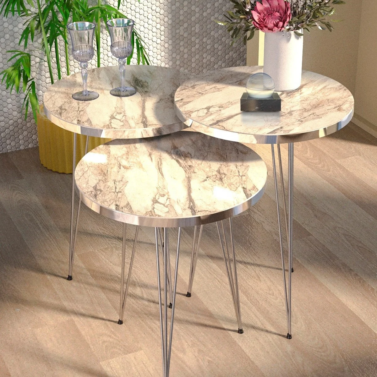 Furnaturedesign 3 Piece Coffee Table Set Metal Silver Leg Factory Price