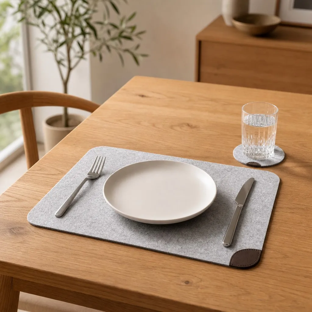 Dining table with a plate set on the felt table mat and felt coaster set