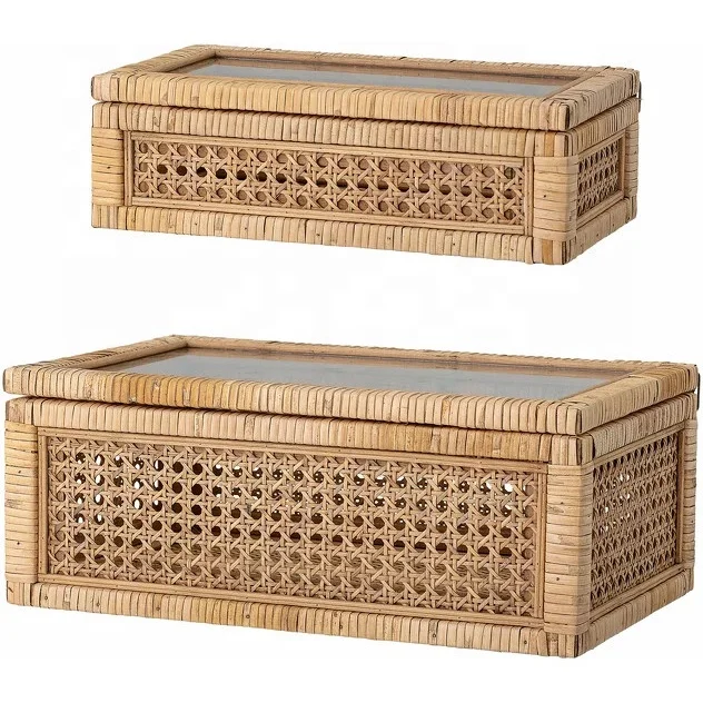 Antique Cane And Rattan Display Boxes With Glass Lid Woven Rattan Storage Box For Home Decor