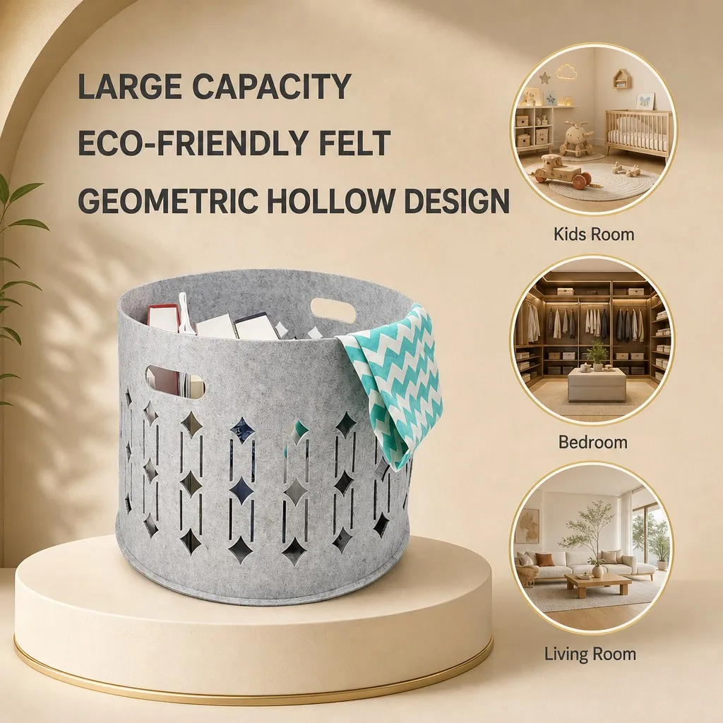 Felt storage basket shown in multiple home scenarios and feature highlights