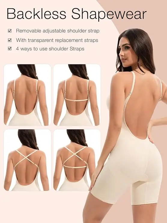 HKRXEC Mid-Thigh Shaping Bodysuit with Built-In Bra