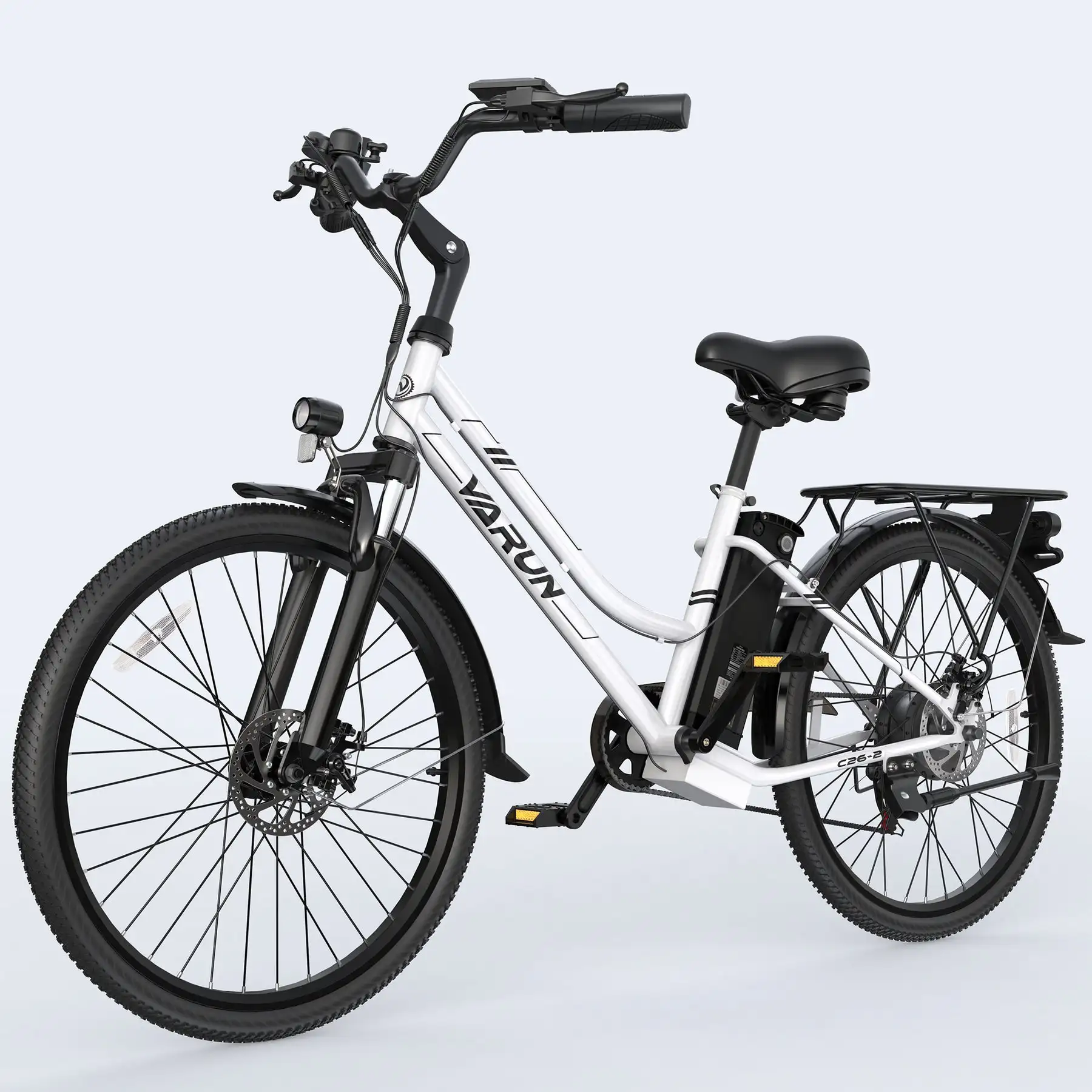 VARUN C26 White Commuter Electric Bike 250w Rear Hub Motor Integrated Lithium Battery Smart Electronic 50km Range Per 60km Max