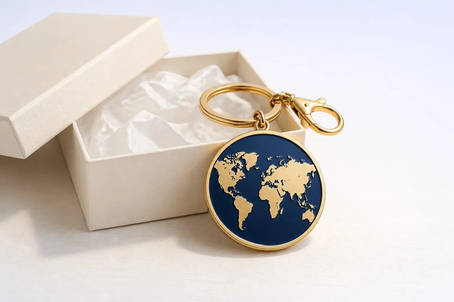 Baked paint keychain in premium gift box — corporate gift presentation