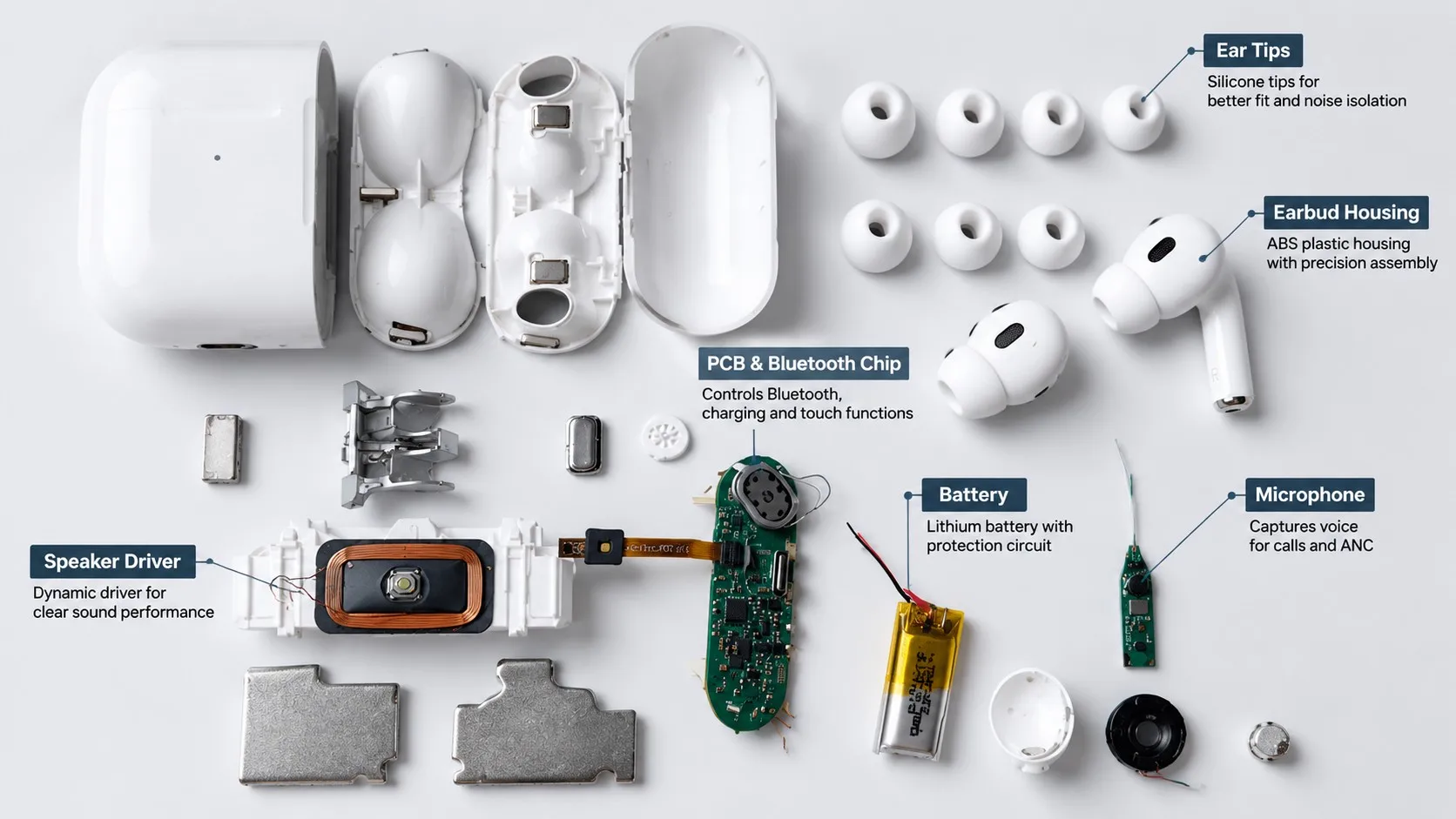 TWS Earbuds Component-Level Teardown: Housing, Battery, PCB, Speaker Driver and Microphones