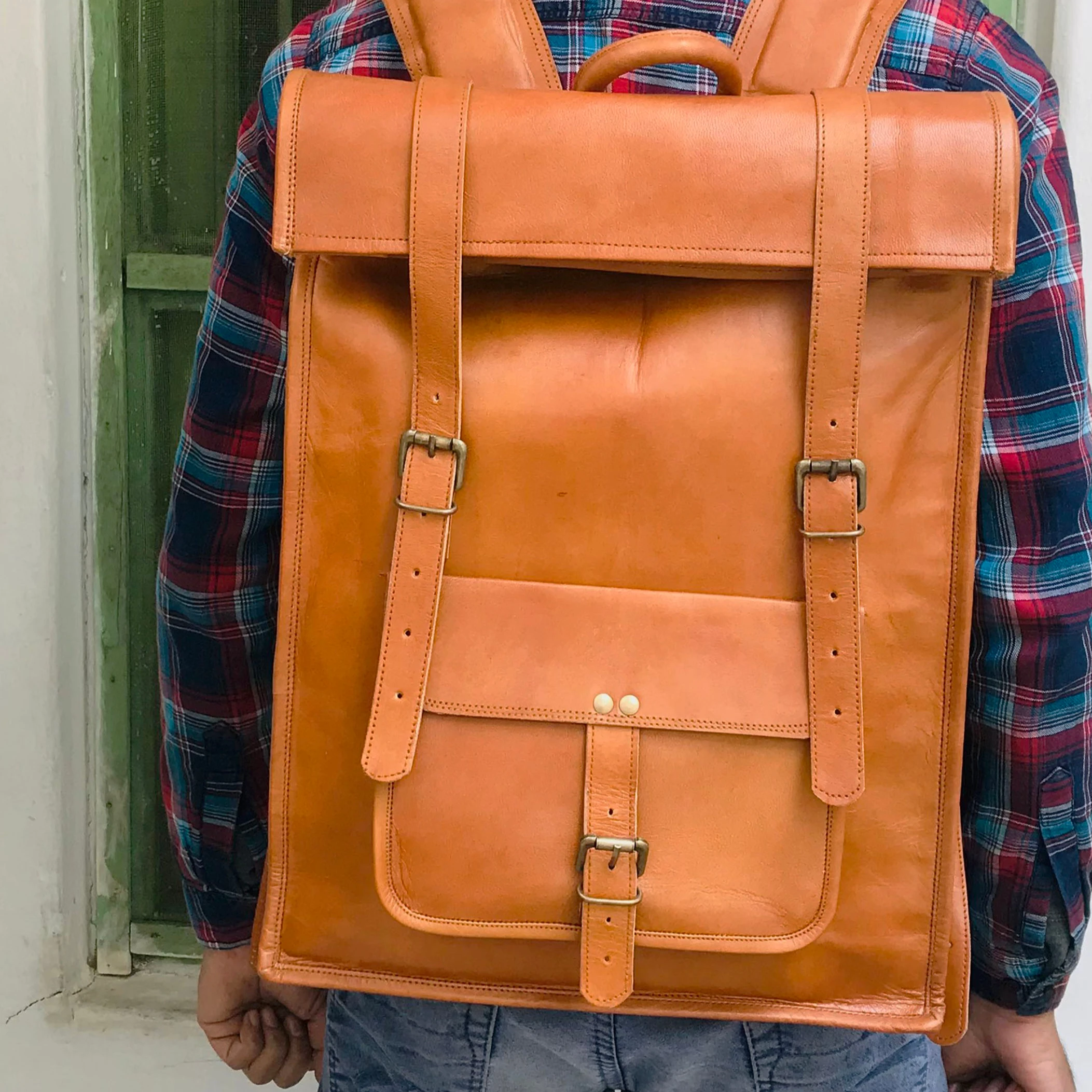 Bag Leather Goat Men Backpack Rucksack Laptop Vintage Brown Genuine New Travel 