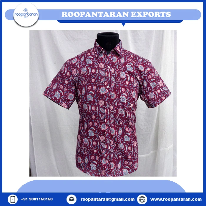 Men's Striped Cotton Cambric Shirt Indian Hand Block Printed Soft and on Sale at Best Price for Spring Season