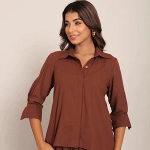 Women's New Casual Brown Solid Relax Top Woven Front Button Loose Casual Top Collar Closer Buttons Full Sleeve Digital Printing