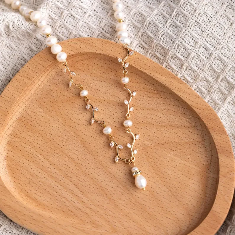 Customizable Gold Bridal Necklace with Pearls & Zircon