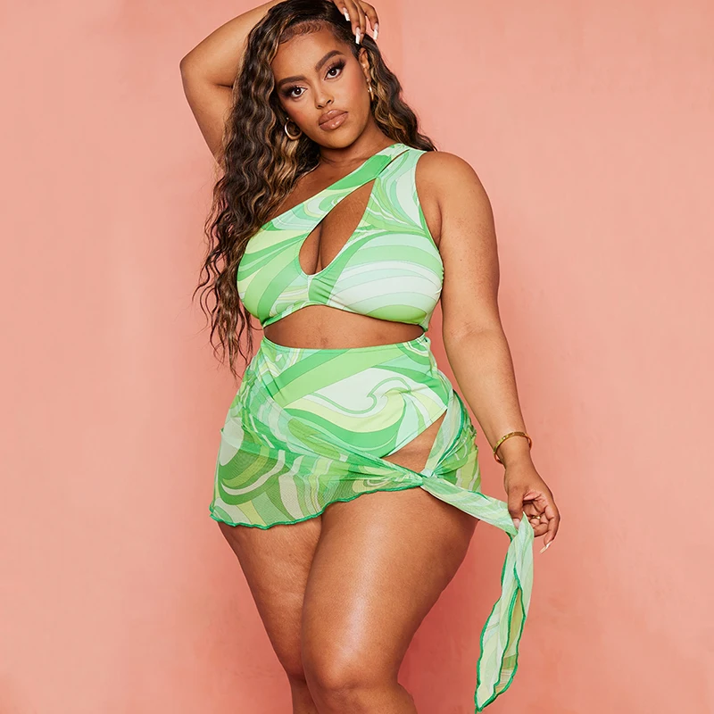 Plus Size Three Piece Green Tie Side Sarong Swimsuit