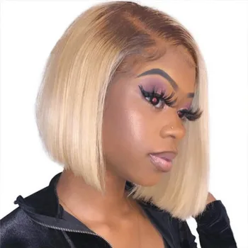 12A Virgin Brazilian Hair 4/613 Bob 13*4 Frontal 200% Density Transparent Lace Medium Length Straight 100% Human Hair Blonde