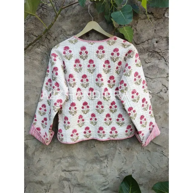Hand Block Flower Print Winter Jacket Women Clothing White & Pink Indian Kantha Jacket Cotton Quilted Coat, Boho, Hippie
