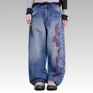 2026Fashion Woven Embroidery Straight Waist Wide-Leg Jeans Mid Totem Loose Denim with Hip Hop Style for Summer