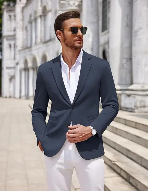 Men's Casual Blazer Business Polyester and ViscoseTwo Button Lightweight Sport Coats Suit Jacket