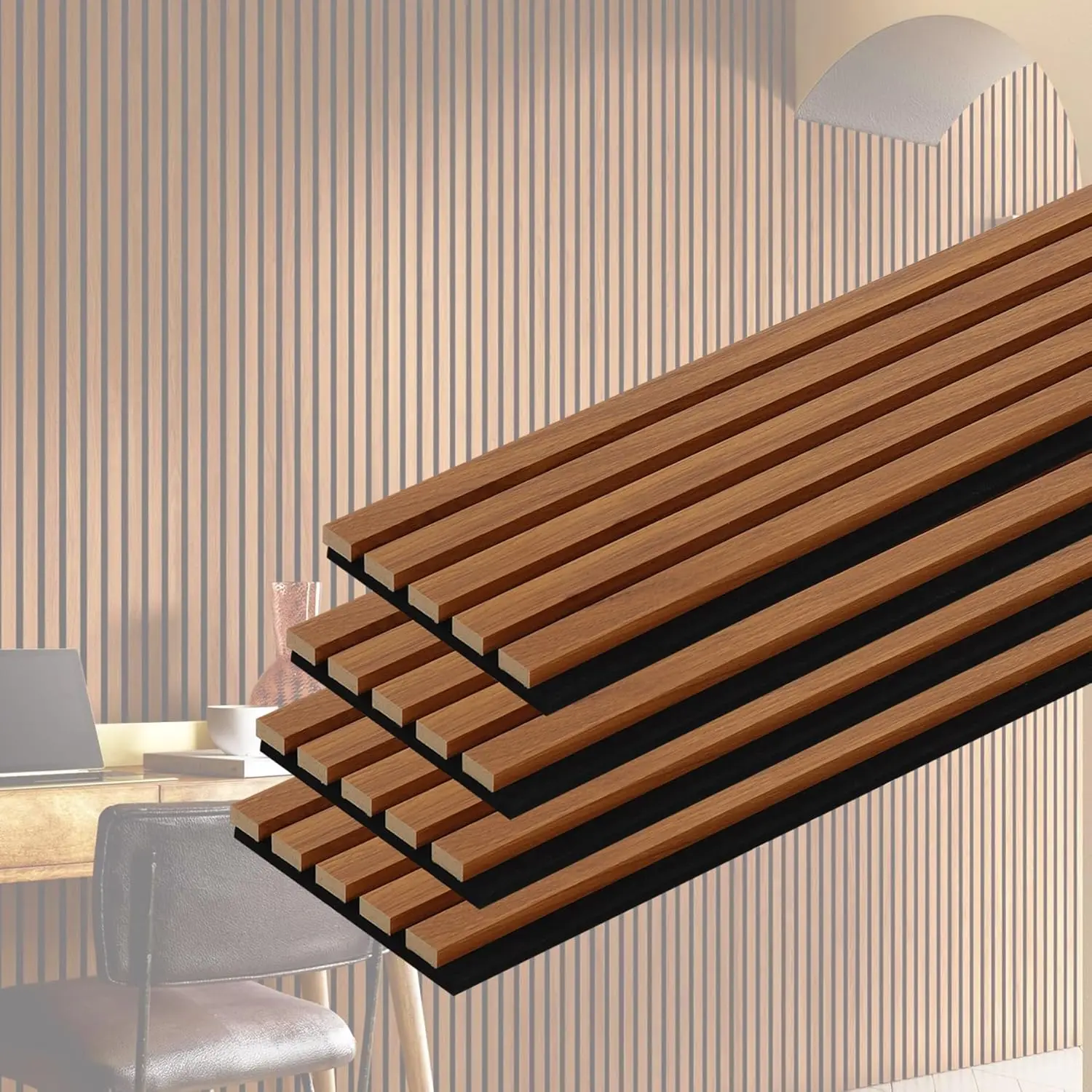 4-Pack Modern 3D Fluted Sound Absorbing Wood Slat Acoustic Panels for Bedroom for Living Room