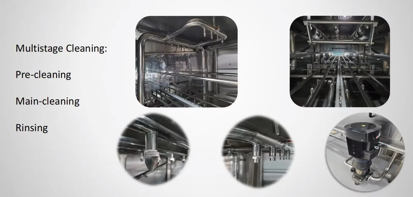 Highly efficient automatic tray basket cleaning machine for meat processing