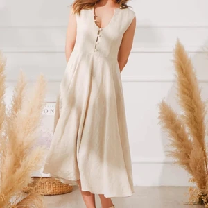 Graceful Linen Dress With V neck Dress With Fit And Flare Beige Color For Women Available Big Size Dress With Buttons Bow Tie
