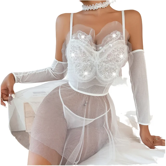 Style Women&#39;s Sexy Underwear Butterfly Lace Lingerie Set Teddy and Sparkling Rhinestone Hot Selling Elegant with Sheer Mesh
