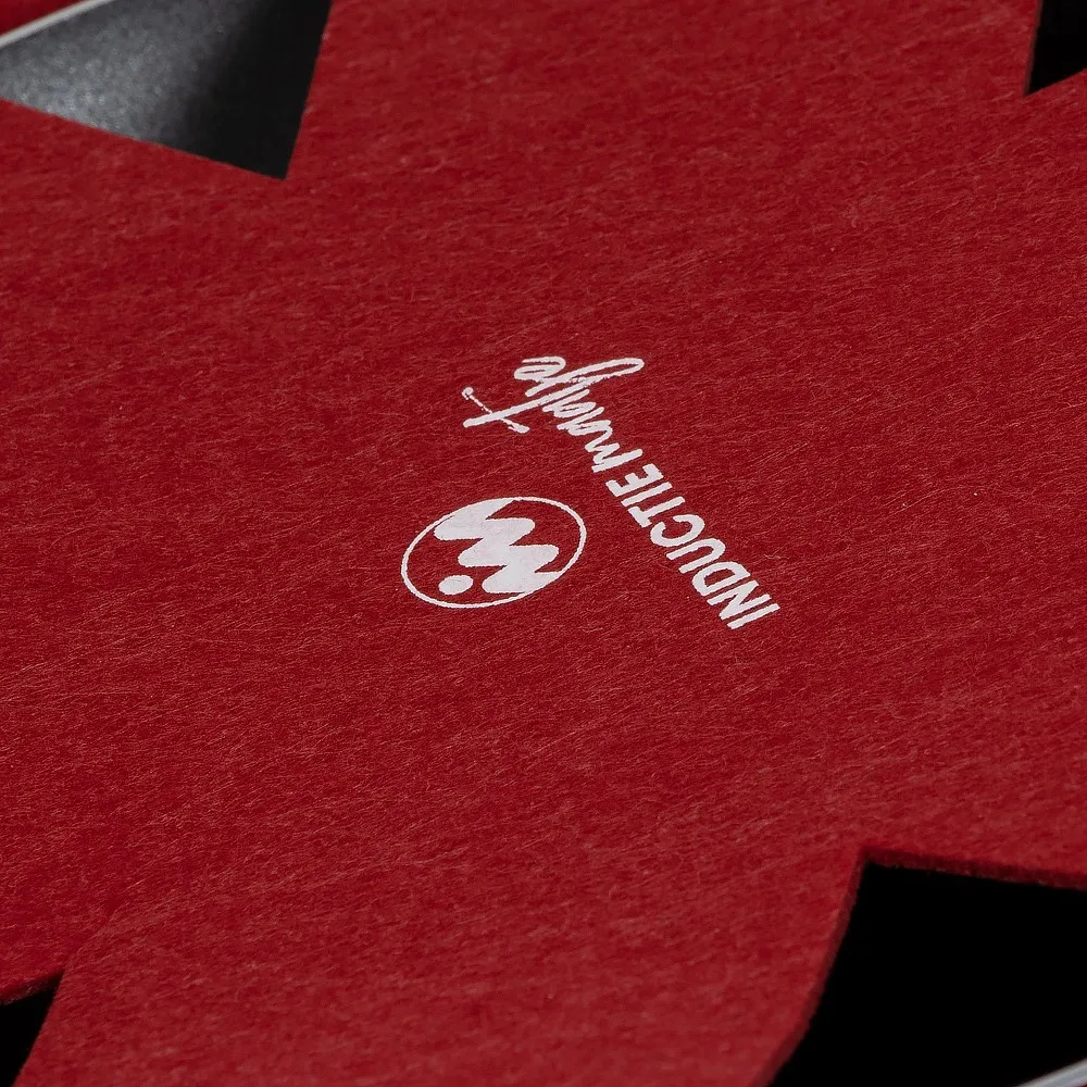 Felt texture and printed logo close-up on a six-lobed felt cookware separator pad