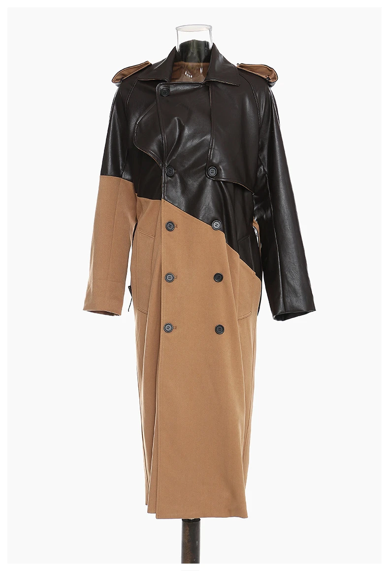 Faux-leather Collar Long Overcoat Wool Trench Coat Winter Woman Ladies Wool Leather Trench Coat - Image 6