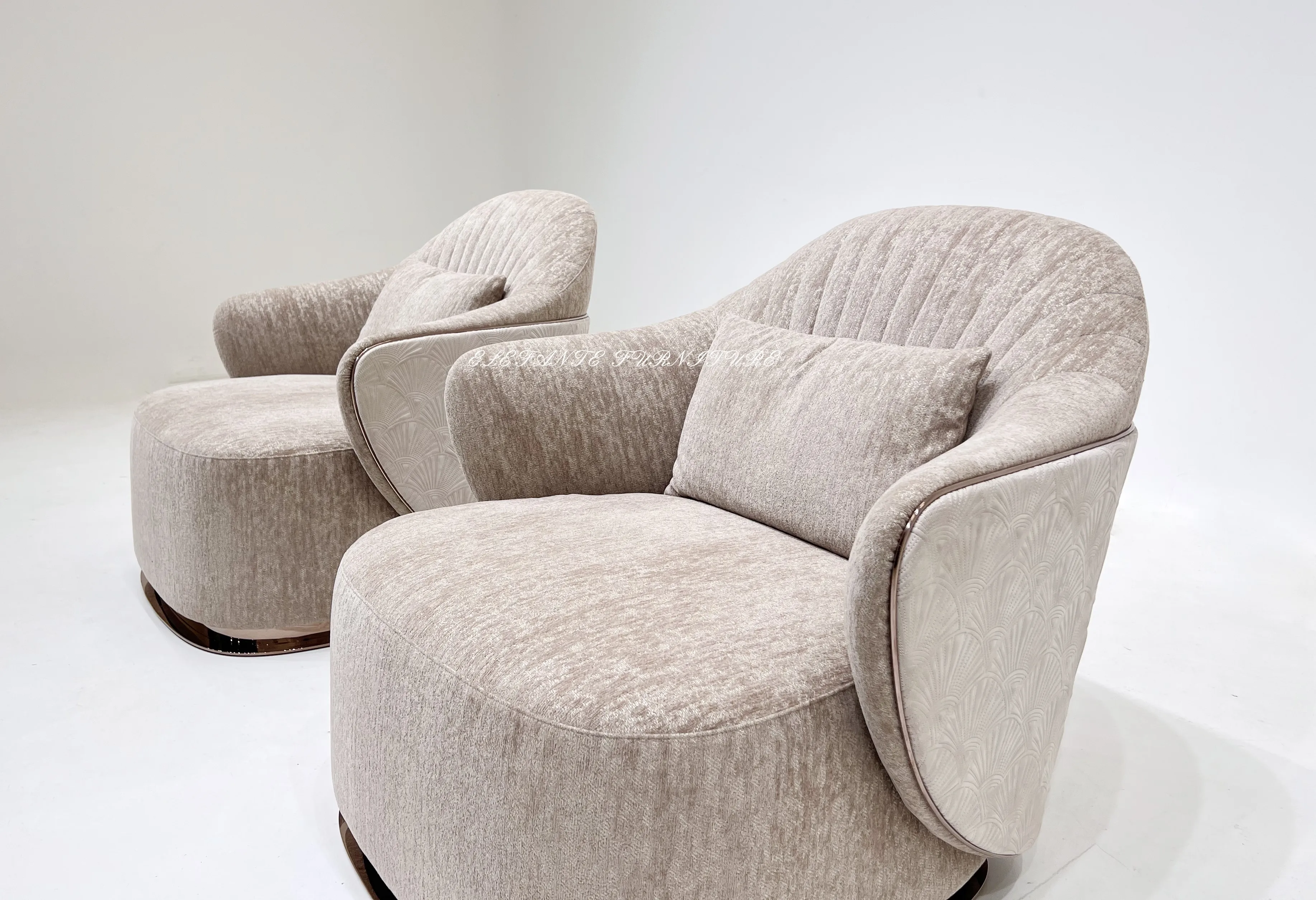 LEFANTE Mansion Furniture_стальное верхнее бархатное кресло с металлической отделкой с лепестками на спинке шезлонг
