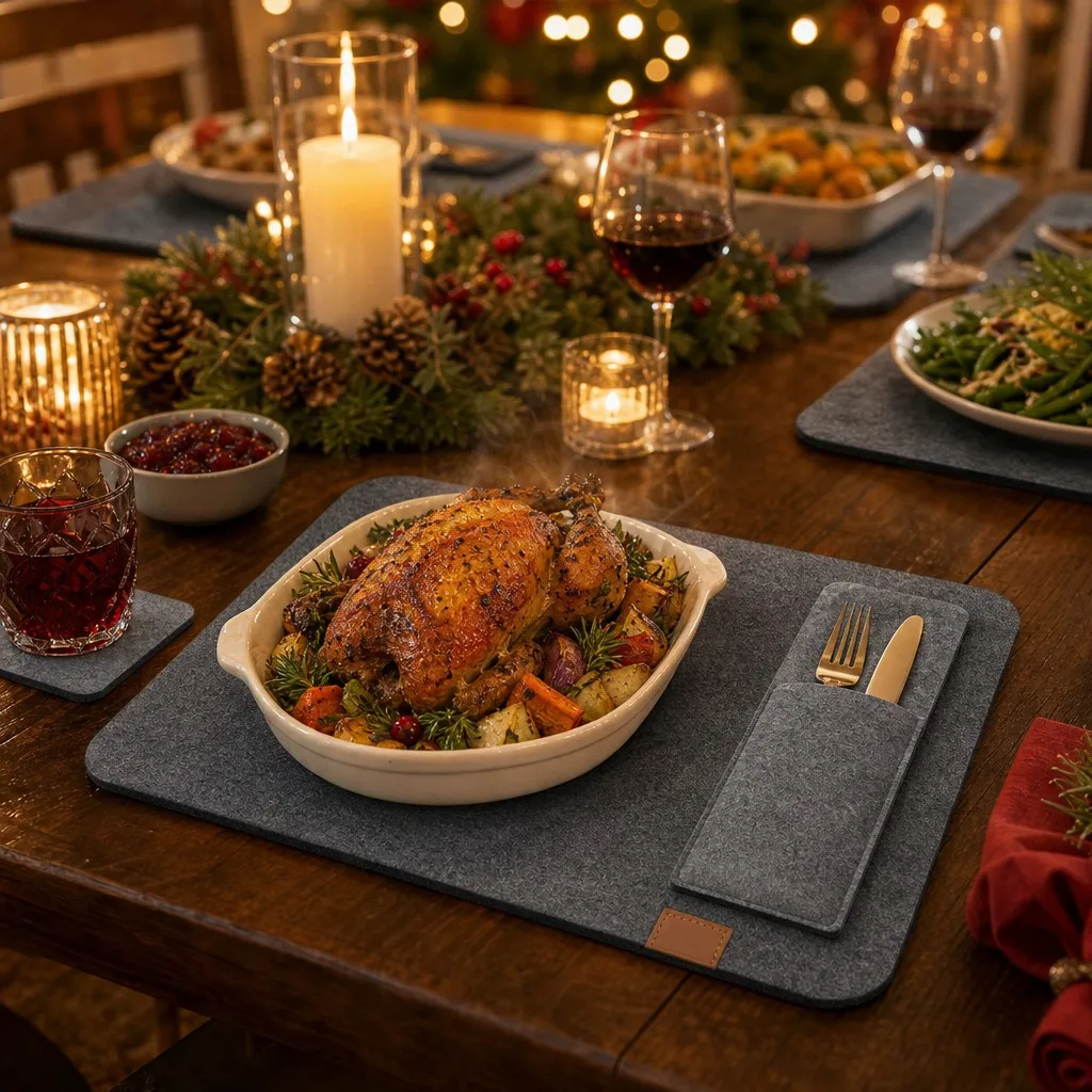 Festive dinner table scene with a 12-piece felt placemat set and felt coaster set