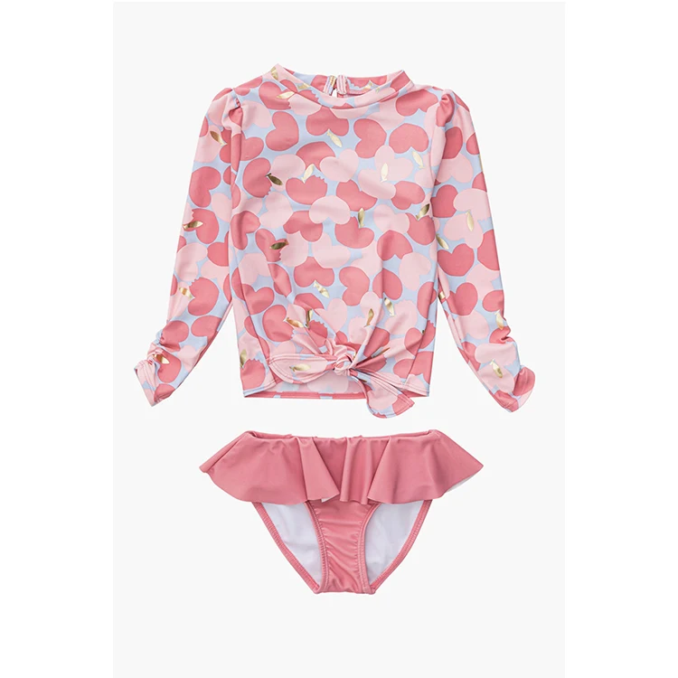 Baby Girl Swim Apple Love Long Sleeve Ruffle Set Swimsuit Sun