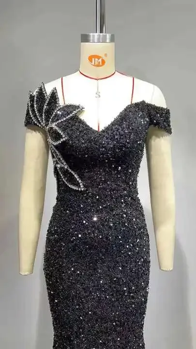 Clothing Manufacturers Women High-end Off the Shoulder Black Sequin Sparkly Rhinestones Evening Beading Sexy Evening Dress