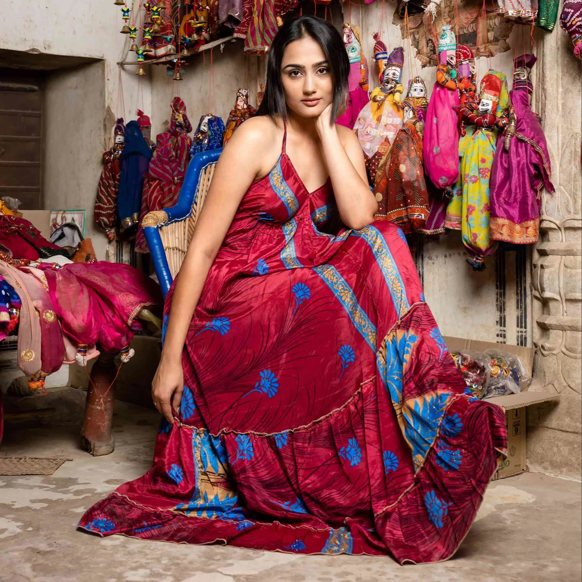 Boho Halter Neck Silk Sari Dress