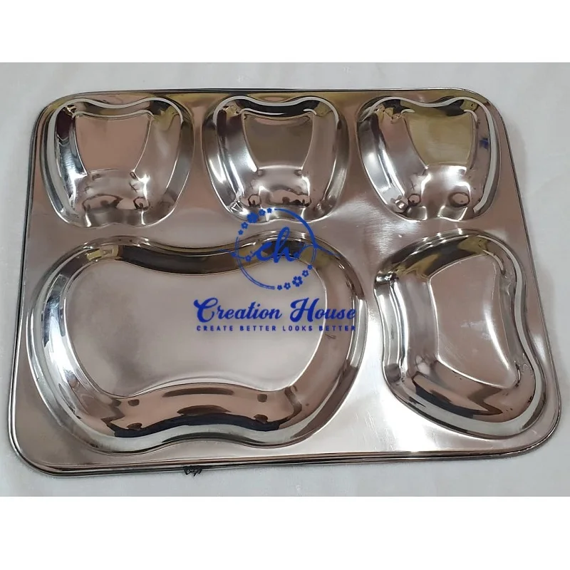 Bhojan Thali Plate Rectangular Stainless Steel Thali 5 Compartment Food