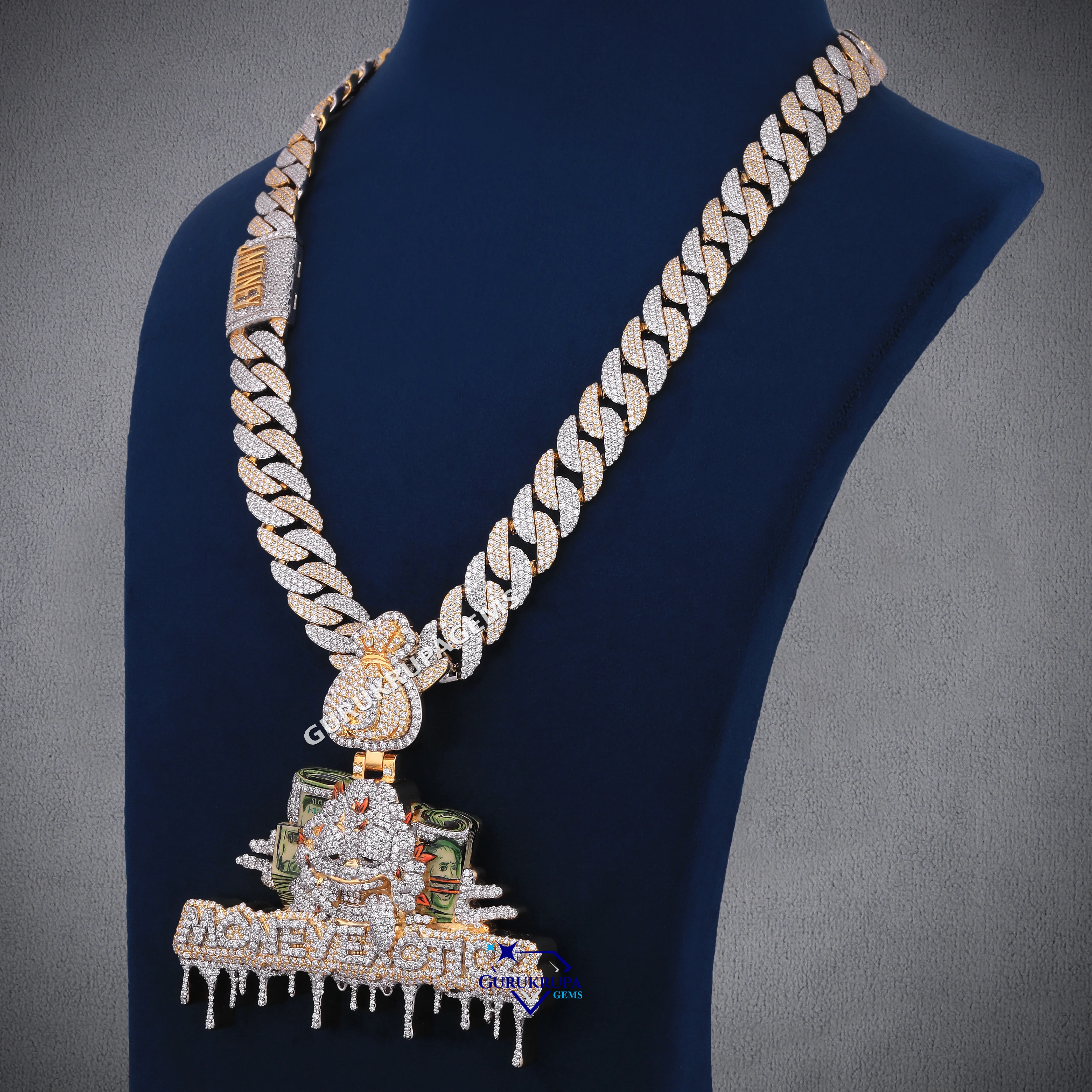 14KT Gold Lab Grown Miami Iced Out Dollar Money Bag Bail Design Pendant  Mens Necklace Hip Hop Chain Link Rapper Pendant Jewelry