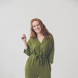 Elegant Women's 1-Piece Summer Dress Long Linen Jumpsuit with V-Neck Soft & Woven Plain Dyed Waist Belt Summer Overall