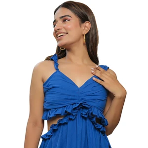 Classic Blue Ruffled Waist Cut Out Maxi Dress 2024 New Arrival Women One Piece Dress at Wholesale Price  Available Big Size