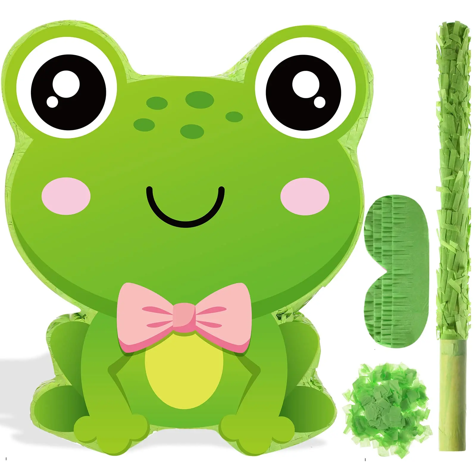Green Frog Pinata with Blindfold Confetti and Stick Frog Pinata Set for Summer Boys Girls Kids Birthday Party Favors Decorations