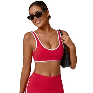 Active Women's Medium Padded Fitness Gym Sports Top One Piece Yoga Bra Wide Shoulder Strap Breathable Front Contrast Color