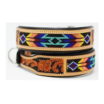 Genuine Leather Hand Tooled Dog Collar Colorful Half Beaded Dog Neck ...