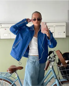 Wholesale Custom 3D Logo Metal Zip Front Blue PU Leather Waterproof Windproof Jacket OEM ODM Motorcycle Style for Winter Summer