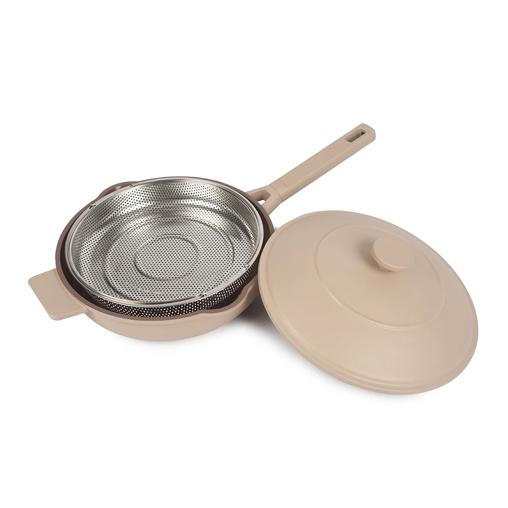 Hot Sale Heavy Cookware Set Deep  Dish Cooking Frying Pan With Basket Steamer
