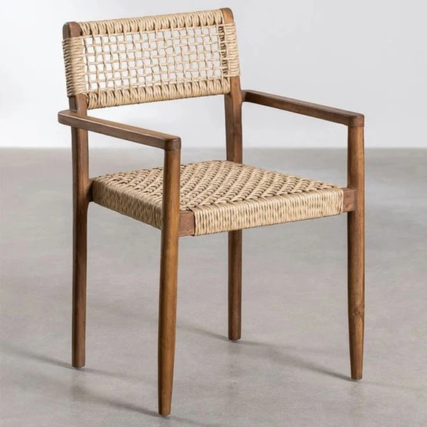 Teak Wood Arm Dining Chair with Twist Rattan Rope - Teak Furniture Made in Java Indonesia