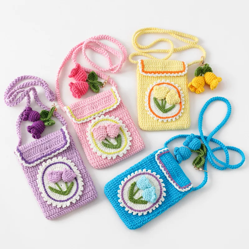 Knitted Phone Crossbody Bag - Exquisite Flower Pattern Purse With Shoulder Strap, Pink/Blue - View #4