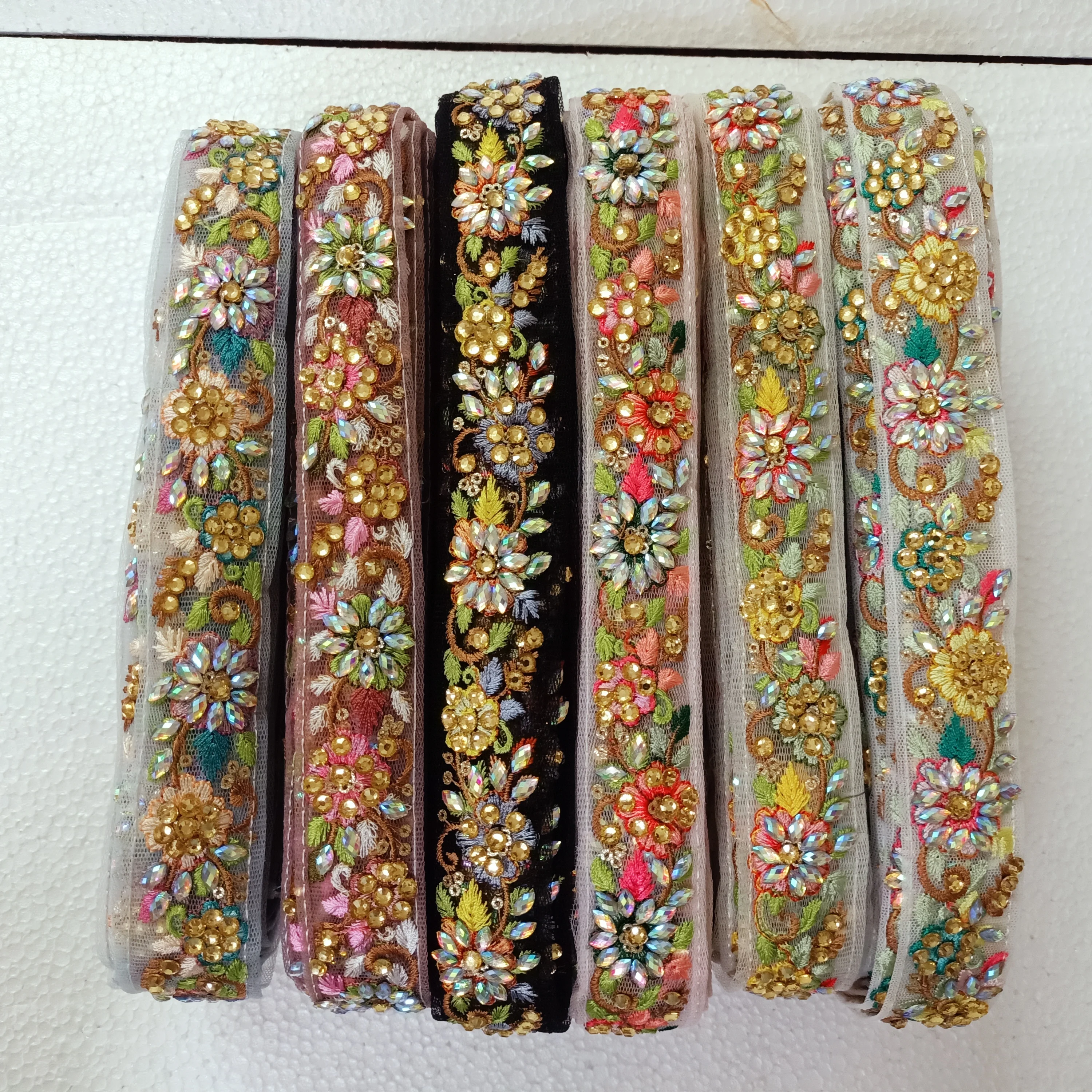 Custom Made Floral Embroidered Laces with Stone Work Ideal for Dress Designers and Clothing Designers with Mirror Work