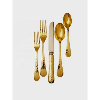 Western style party palace royal wedding luxury brass golden Hammered Flatware Set Forks Spoons Knives Flatware Cutlery Set