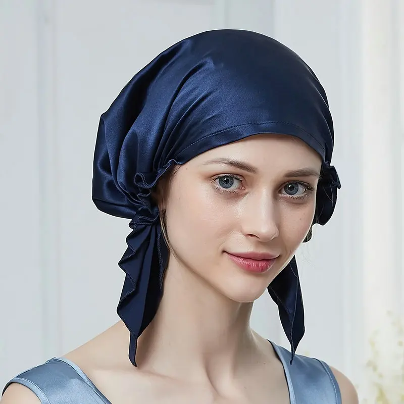 Custom Designer Luxurious Mulberry Silk Triangle Bonnet Soft Ruffles Elastic Hair Care Shower Cap with Private Label