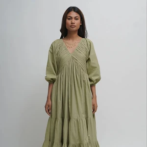 Natural Cotton Midi Dress Green Boho Tunic Pockets Tiered Layered Formal Casual Long Woven Weaving Method Long Midi Dress