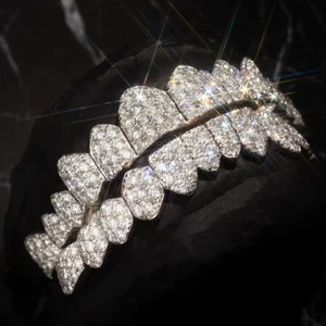 High Quality VVS Moissanite Diamond Round Brilliant Cut Sterling Silver Rhodium Plated 24 Teeth Grillz Jewelry