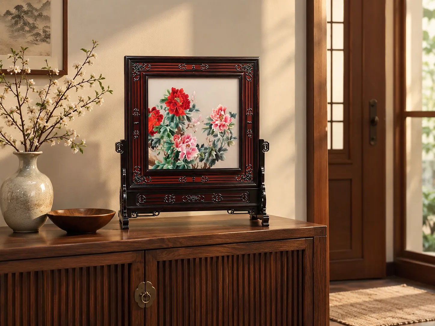 A double-sided screen in an entryway, the first thing seen
