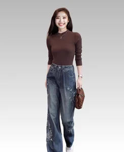 2026 Women's Loose Slim Embroidered Denim Jeans Low Waist Wide Leg Pants Breathable Woven Weave for Spring/Summer
