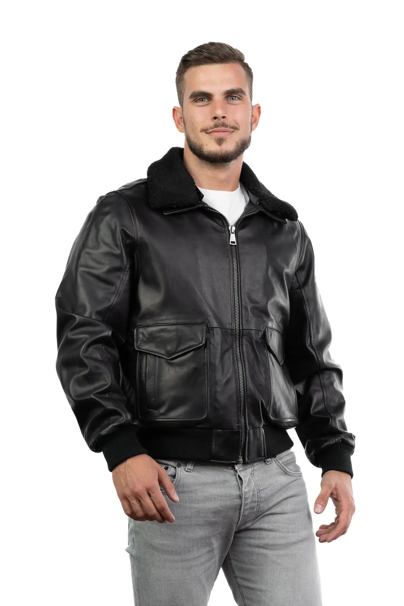 Factory Direct Man Leather Aviator Jacket Genuine Leather With Zip