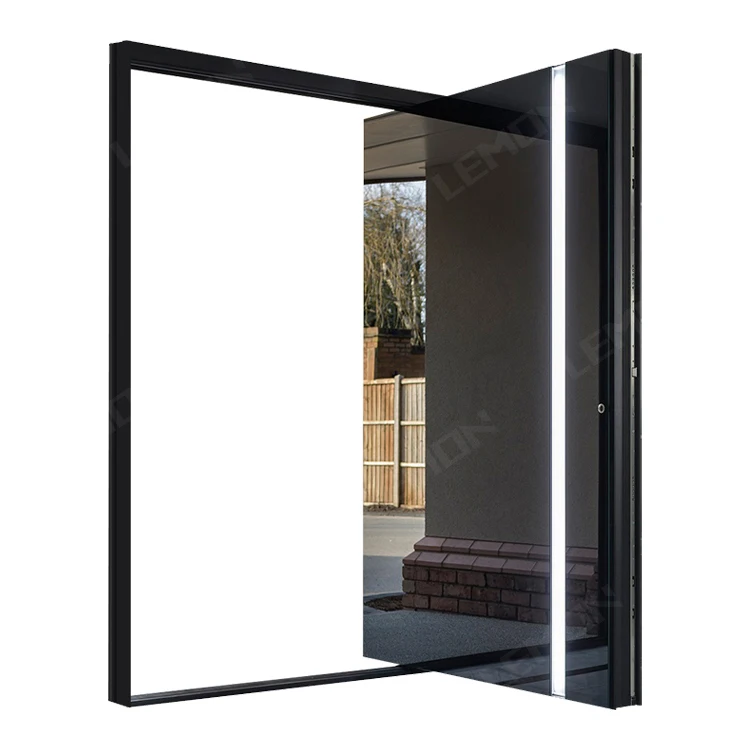 LED Light Design Modern Entry Black Main  Villa Front Stainless Steel Pivot Doors With Smart Lock